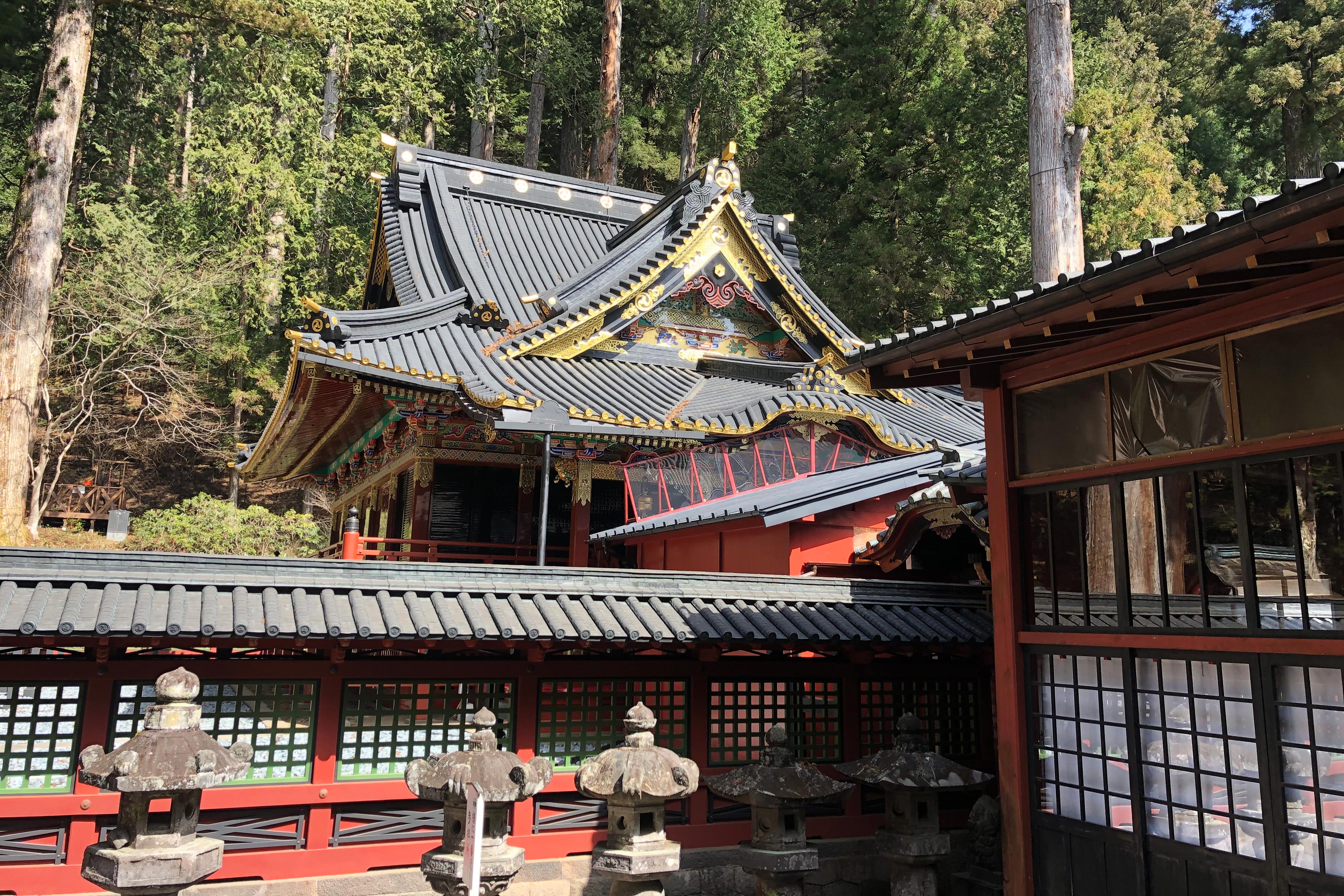 神道教神社有两个主要建筑，一个是参拜堂（拜殿），另一个是内部圣殿（本殿）。拜殿通常比本殿大，因为它是进行宗教仪式和允许信徒聚集的地方。<br />中宫祠神社的本殿始建于1701年，拥有男体山的精神。它用于围绕敬拜男体山的仪式。男体山在 每年7月31日至8月7日举行登拜大祭，将神圣的祭品搬到山顶的神社。 这可让信徒直接在神明面前祈祷，是日本独一无二的祭典。<br />本殿和拜殿的弯曲山墙是日本神社和庙宇的特色。覆盖建筑物的鲜红色油漆主要是氧化铁，具有很高的耐气候性。两座建筑均被指定为重要文化财产。