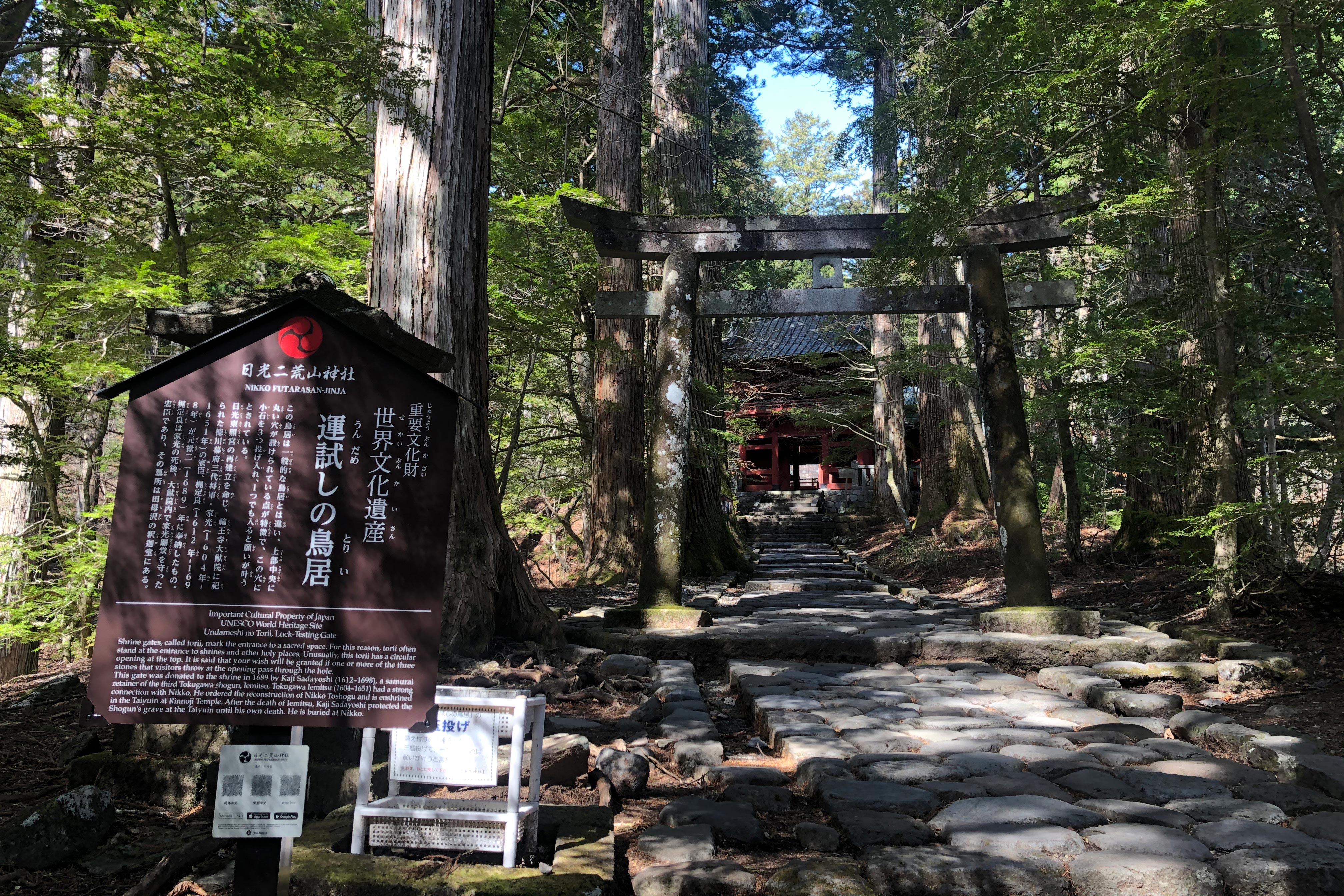 鸟居是作为圣域的入口而设立的神社的大门。因此，建在神社或其它神圣之地的入口处。试运鸟居和一般的鸟居的不同之处在于上部中间开了一个圆孔，据说如果向这个孔内扔3个小石头，只要进去一个就能如愿以偿。<br /><br />这个鸟居是德川幕府第三代将军——徳川家光(1604年-1651年)的家臣——梶定良（1612年-1698年）于1689年捐奉的。德川家光和日光有着深厚的关系，他曾下令重建日光东照宫，同时也被供奉在轮王寺大猷院内。<br /><br />德川家光死后，他的家臣梶定良在大猷院内看守德川家的宗庙，他的坟茔也留在了日光。