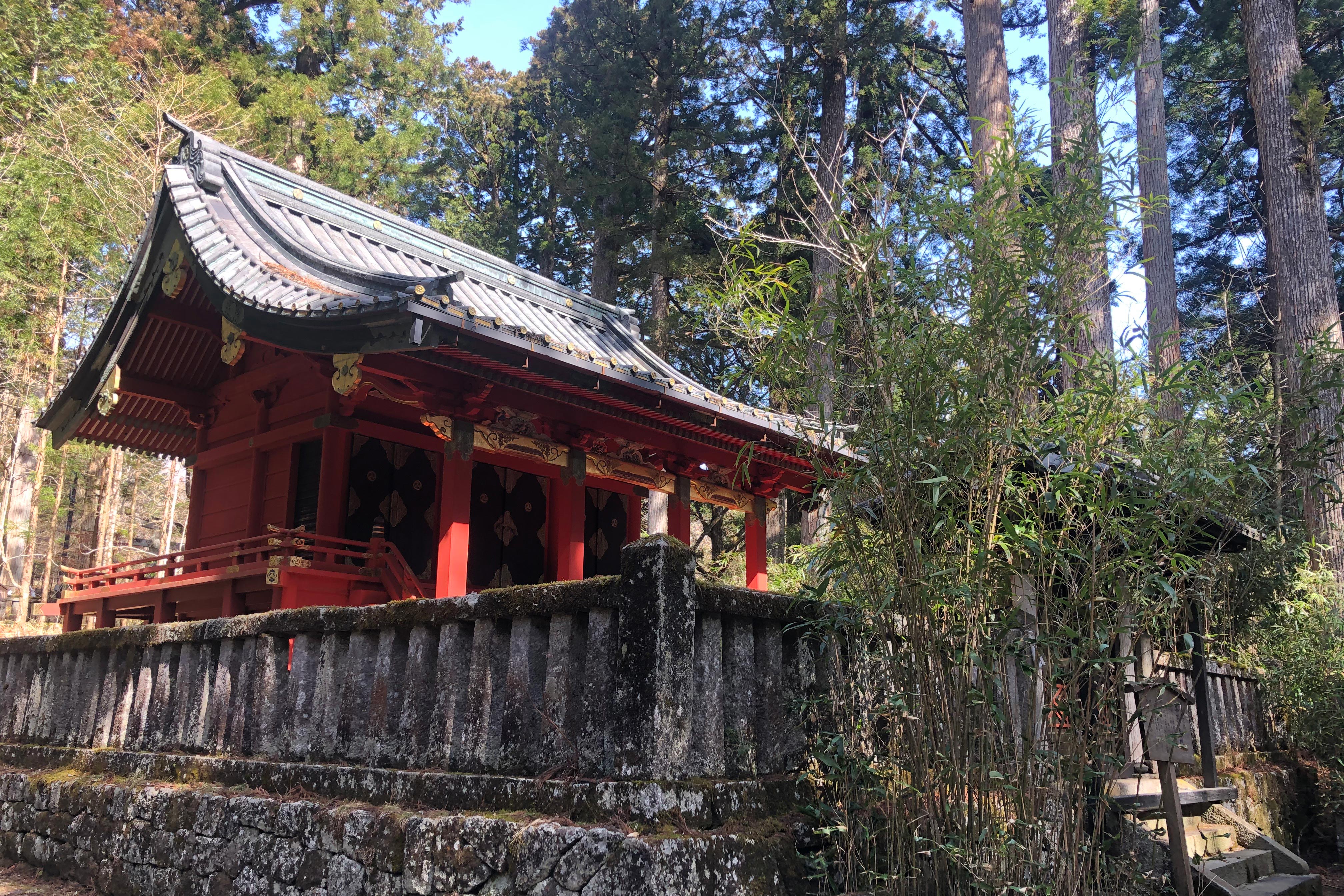 据传由开创高野山（和歌山县）真言宗的弘法大师——空海（774-835）于820年建立的。现在的建筑物是1645年重建的。<br /><br />这里供奉的是二荒山神社本社祭神中的一位神明——田心姬神（宗像女神多纪理姬子）。神社深处有田心姬神降临传说的遗迹。栽种着3棵神圣的巨杉。<br /><br />神社里有可以自己测试运气的“试运鸟居”、带来良缘的“结缘细竹”、美味日本酒的原材料“酒泉”，以及保佑早得贵子、平安产子的“子种石”等景点。